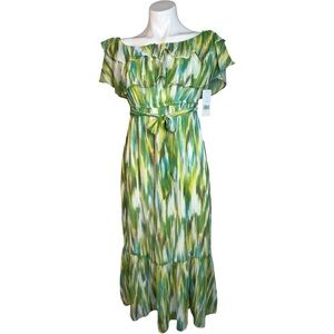 Donna Morgan Off Shoulder Ruffle Ikat Midi Dress Olive/Teal 4P NWT